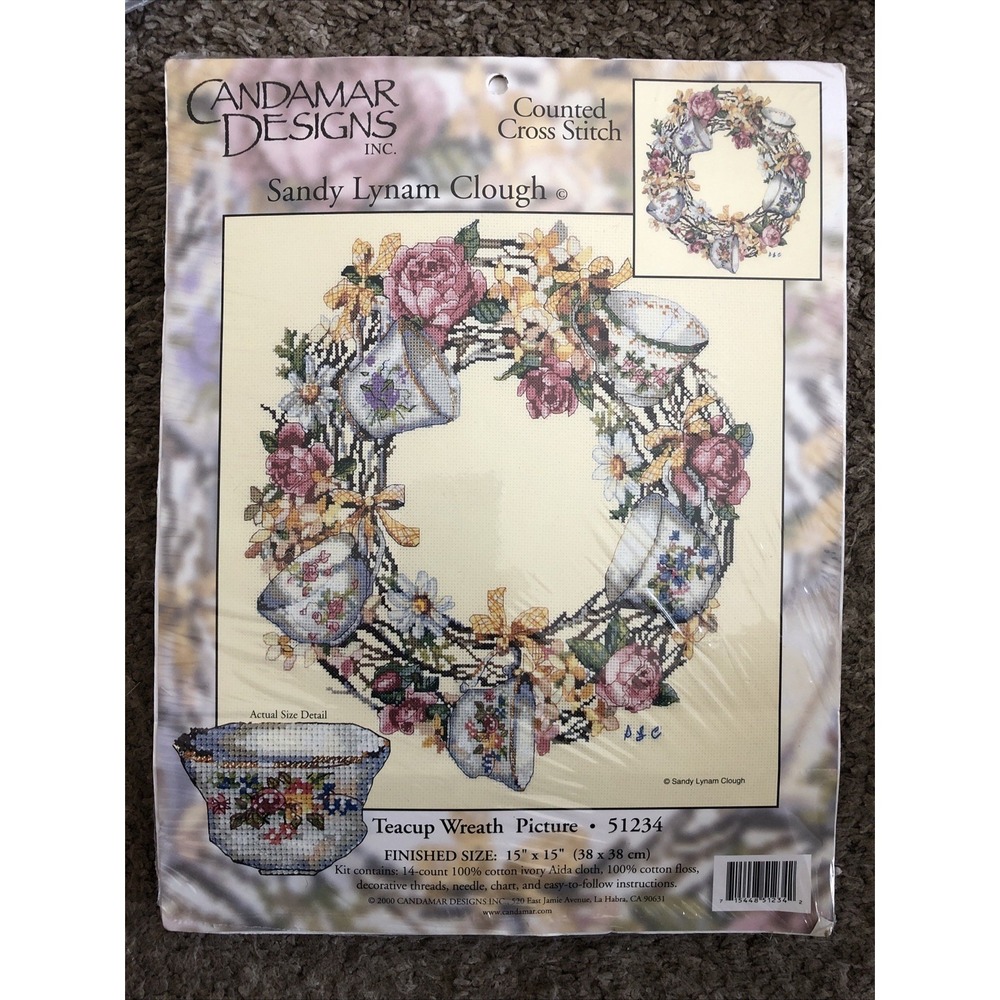 Teacup Wreath Picture 51234 Floral Cross Stitch Kit Candamar Designs 15x15 New